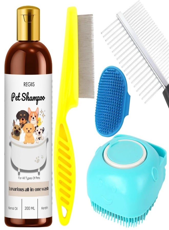 REGIIS Regis Pet Grooming Kit, Dog Shampoo 200ML with Metal Comb, Detangling Brush, Silicone Massage Brush, All-in-One Pet Bathing Set for Dogs and Cats(5 Pack) - Image 1